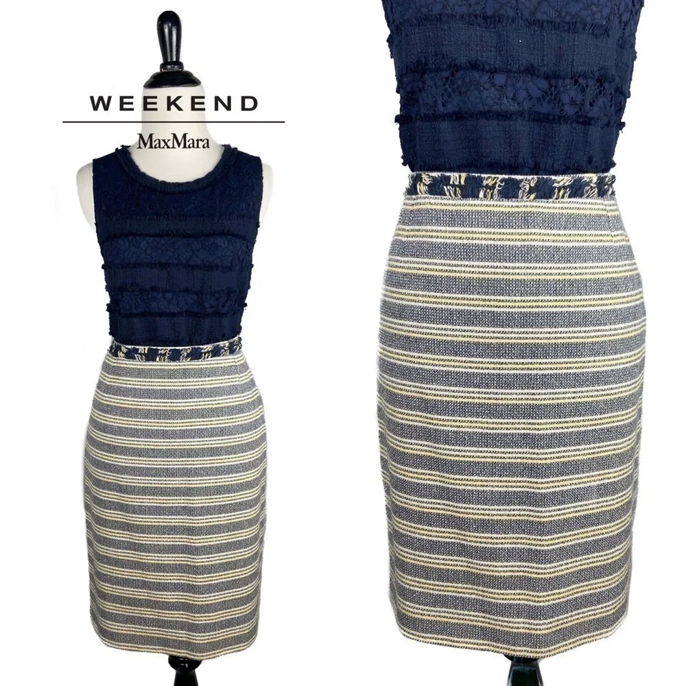 Weekend Max Mara striped cotton tweed fringe trim pencil skirt *shop@iamwarrior